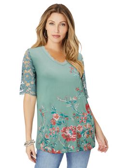 Plus Size Lace Sleeve Printed Tee