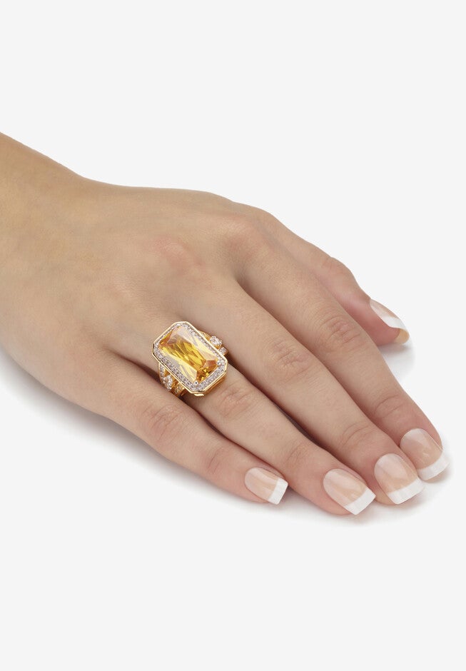 19.52 Tcw Emerald-Cut Yellow Cz Halo Cocktail Ring Yellow Gold-Plated, , alternate image number 2