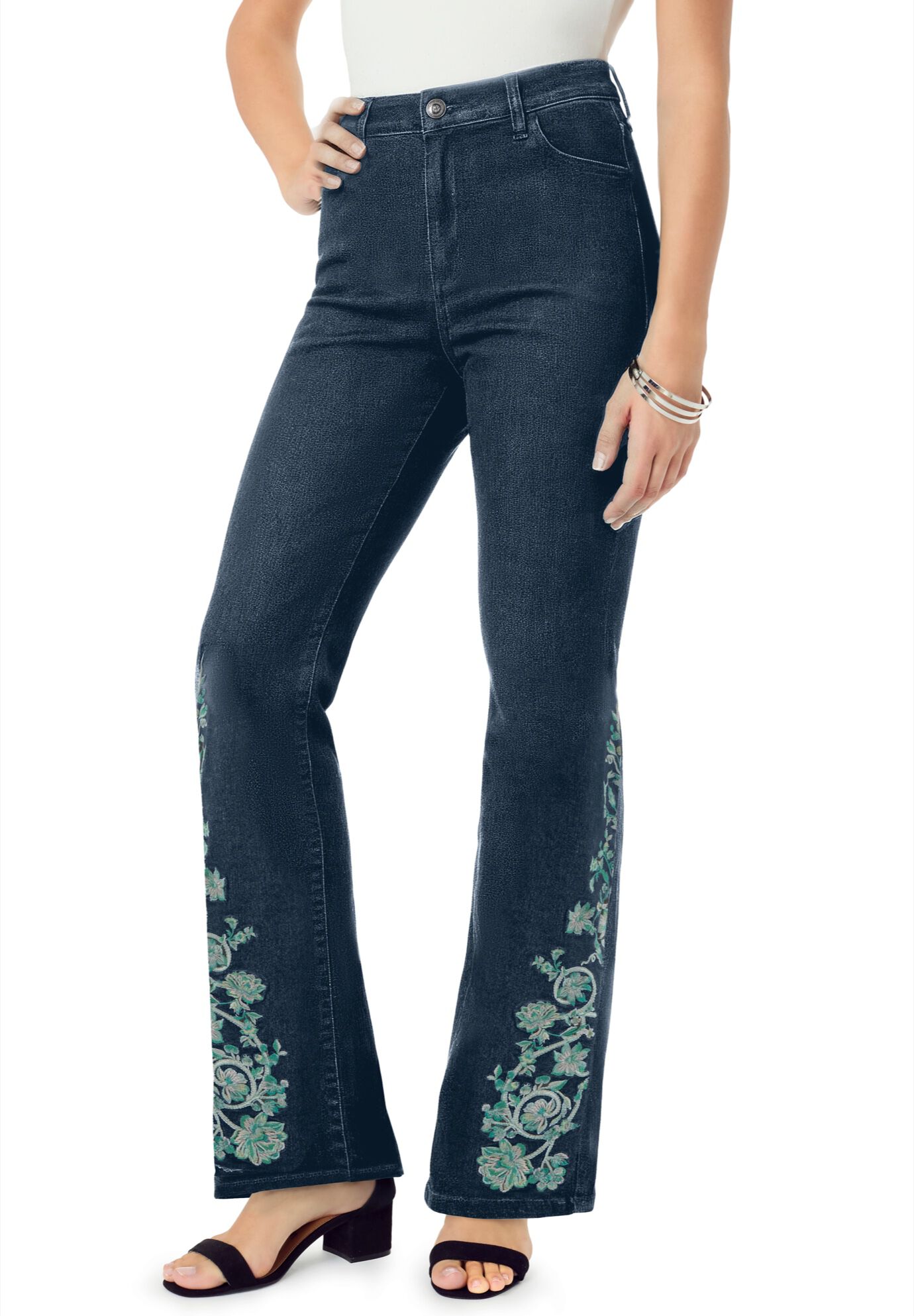 Plus Size Invisible Stretch&reg; Embroidered Split Flare-Leg Jean, INDIGO VINE, on-hover image number 1