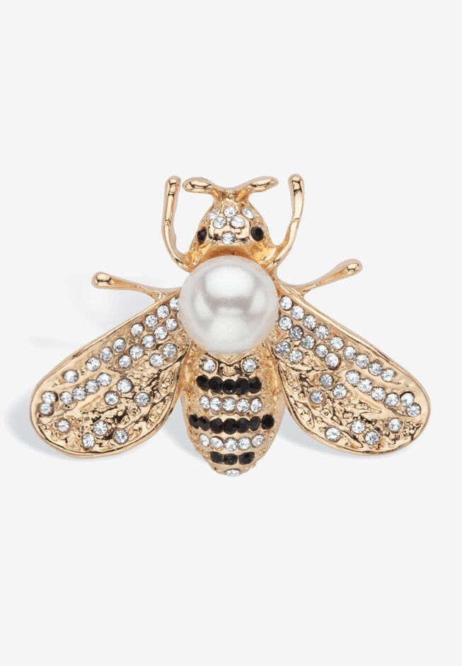 Goldtone Bee Pin Round Simulated Pearl And Round Crystals Jewelry, PEARL, hi-res image number 0