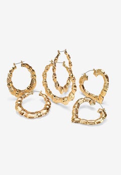 Gold Tone 3 Pair Bamboo Hoop Earring Set