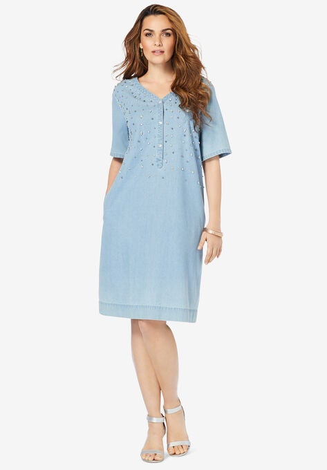 Embellished Denim Shirtdress, LIGHT WASH, hi-res image number null