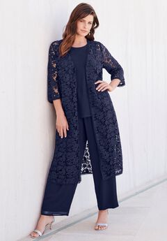 Extended Plus Size 3-Piece Allover Lace Duster Pant Set – Formal Wear