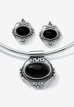 Silver Tone Antiqued Pendant Oval Shaped Black Onyx with 16 inch Chain