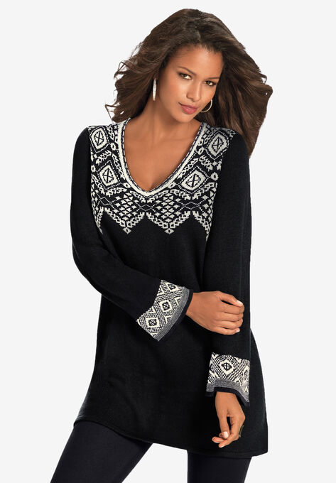 Fit-And-Flare Tunic Sweater, BLACK IVORY FAIR ISLE, hi-res image number null