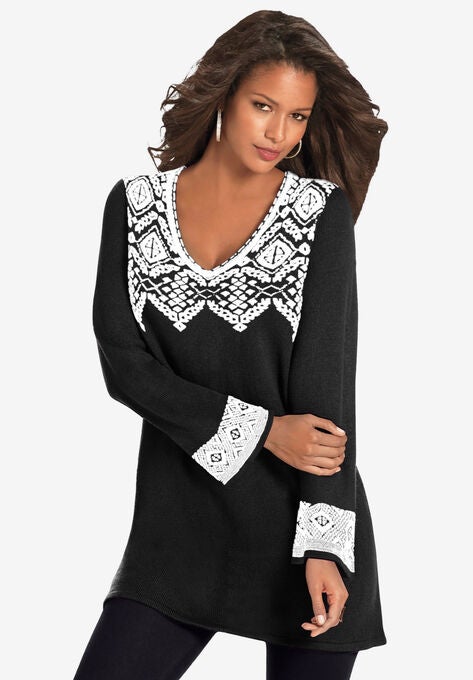 Fit-And-Flare Tunic Sweater, BLACK IVORY FAIR ISLE, hi-res image number null
