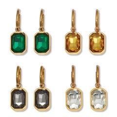 Emerald Cut Crystal Yellow Gold Ion-Plated Stainless Steel Huggie Earrings Set