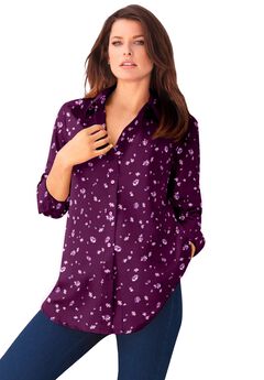 Plus Size Kate Long Sleeve Easy Cotton-Blend Button-Front Shirt