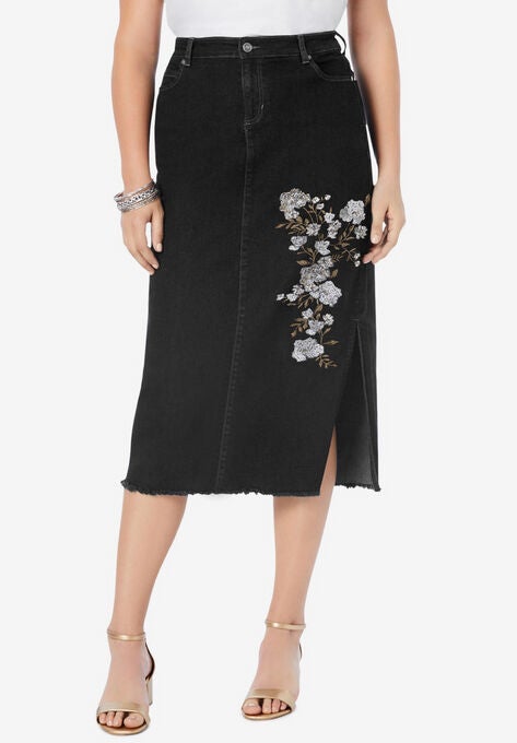 Embroidered Midi-Length Denim Skirt, BLACK EMBROIDERED BOUQUET, hi-res image number null