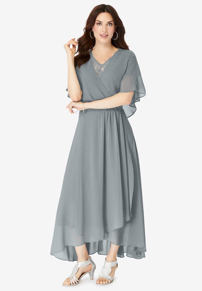 Fashionable Chiffon Faux Wrap Dress, Gunmetal | Roaman's Fashionable Chiffon Faux Wrap Dress, Gunmetal | Roaman's