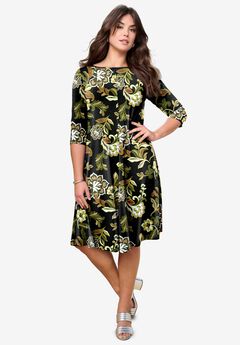 Plus Size 3/4 Sleeve Boatneck Swing Dress