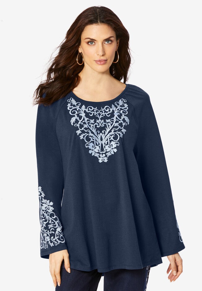 Embroidered Bell-Sleeve Tunic, NAVY FLOURISH EMBROIDERY, hi-res image number null