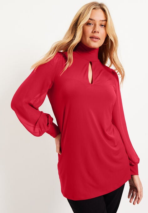 Sheer-Sleeve Mockneck Top, CLASSIC RED, hi-res image number null