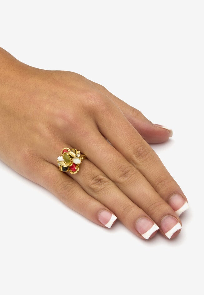 Coral, Opal, Jade, Onyx And Tiger'S-Eye Cluster Ring In Gold-Plated, , alternate image number 2