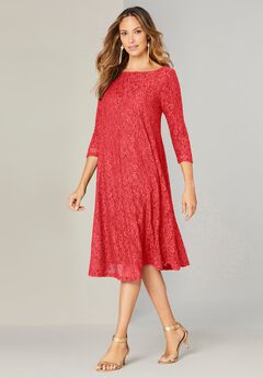 Plus-Size 3/4 Sleeve Boatneck Lace Swing Dress