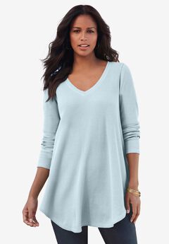 Plus Size Knit Thermal V Neck Swing Tunic – Long Sleeve