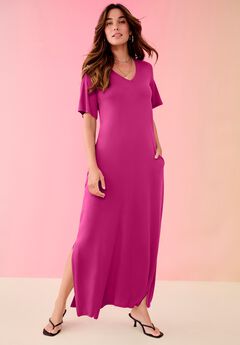 Plus Size Stretch Knit Short Sleeve Maxi Dress with Side Slit Detail