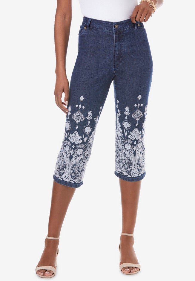 Geometric Embroidered Capri Jean, WHITE MIRRORED BORDER, hi-res image number null