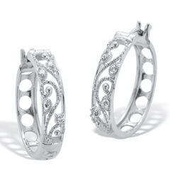 .10 TCW Diamond Sterling Silver Filigree Hoop Earrings (7/10 inch)