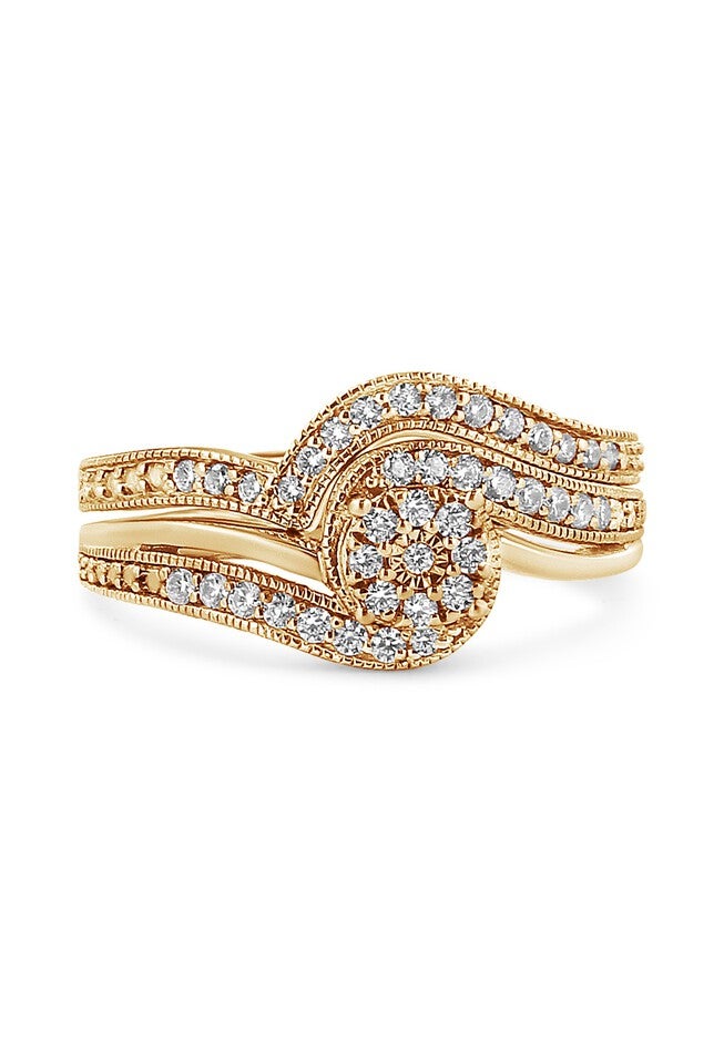 Yellow Gold Plated Silver 1/3Ct Cttw Multi-Diamond Bypass Vintage-Style Bridal Set, , on-hover image number 1