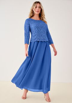 Extended Plus Size Sequin Lace Three Quarter Sleeve A-Line Gown