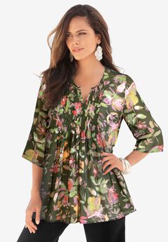 Plus Size Tara Pleated Shirt – Adjustable 3/4 Sleeve Swing Tunic with Notch Collar