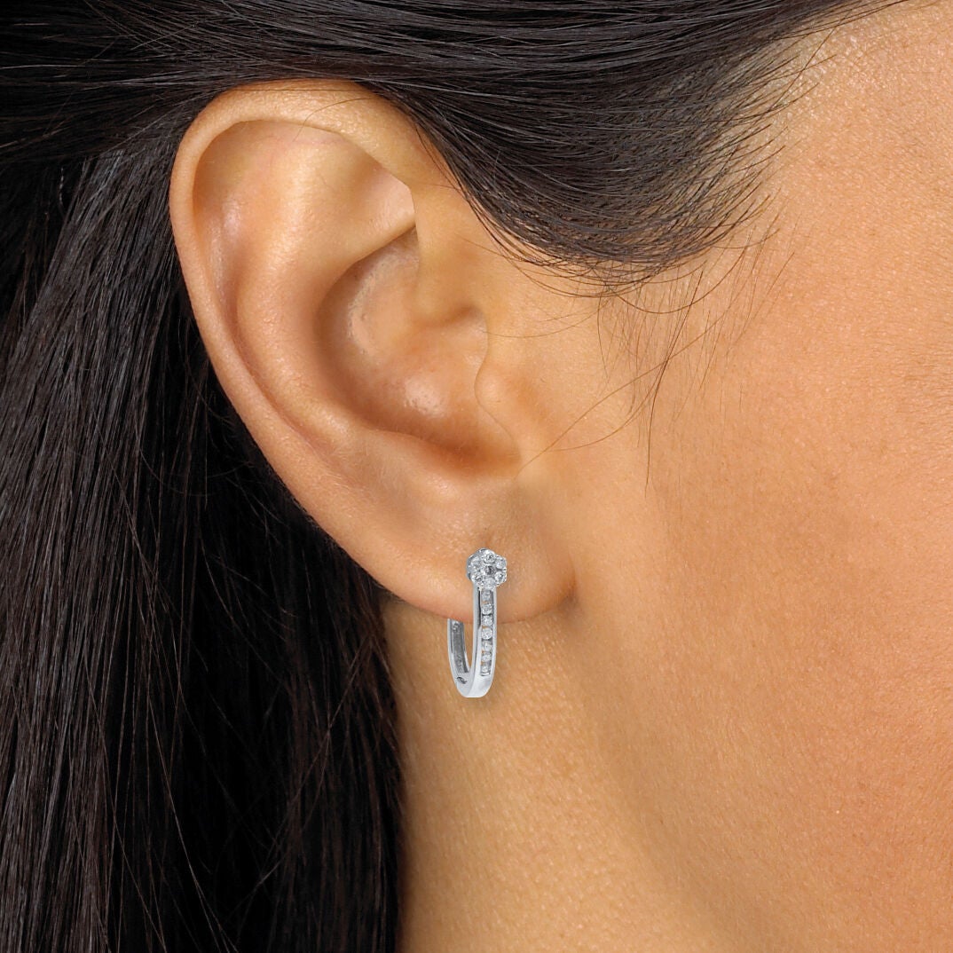 .33 TCW Diamond Sterling Silver Flower Cluster Hoop Earrings (6/10 inch), WHITE, alternate image number 2