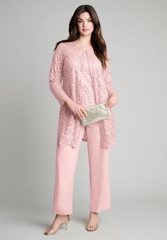 Plus-Size 3 Piece Allover Sequin Lace Jacket and Tank Pant Set