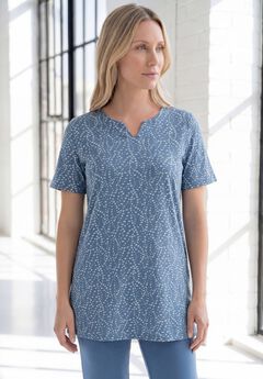 Plus Size Soft Knit Print Tunic with Notch Neckline