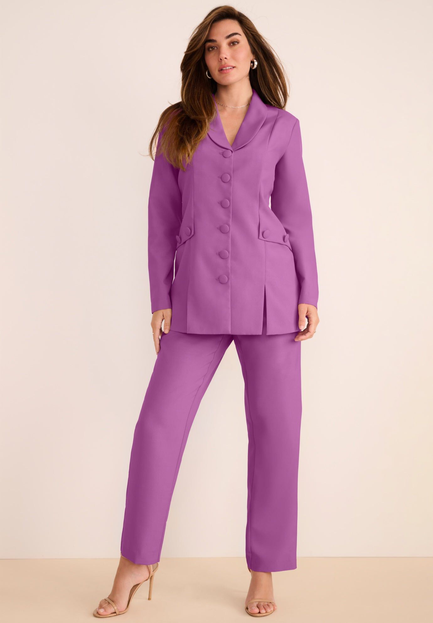 Plus Size Long Sleeve Ten-Button Shawl-Collar Pant Suit &ndash; 2-Piece Pant Set, VIVID BERRY, hi-res image number 0