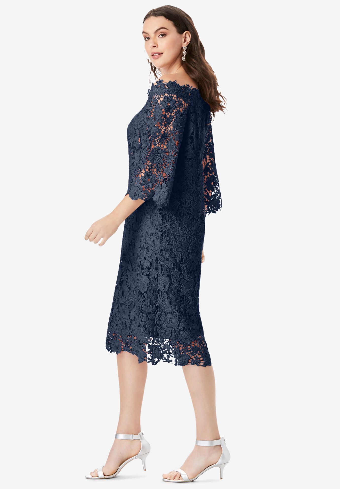 Off-Shoulder Loose Sweater & Lace Hem Dress