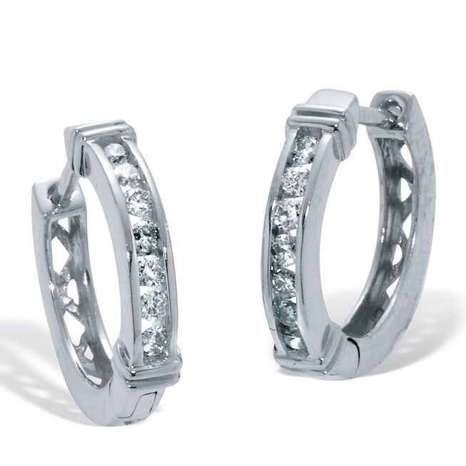 .25 TCW Diamond Sterling Silver Huggie Hoops (1/2 inch), WHITE, hi-res image number 0