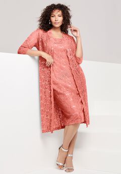 Extended Plus Size 3/4 Sleeve Formal Duster Sequin – Embellished Lace Dress Set