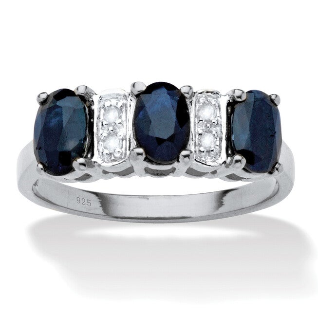 1.86 TCW Oval-Cut Genuine Blue Sapphire & Diamond Platinum Plated Silver Ring, BLUE, hi-res image number 0
