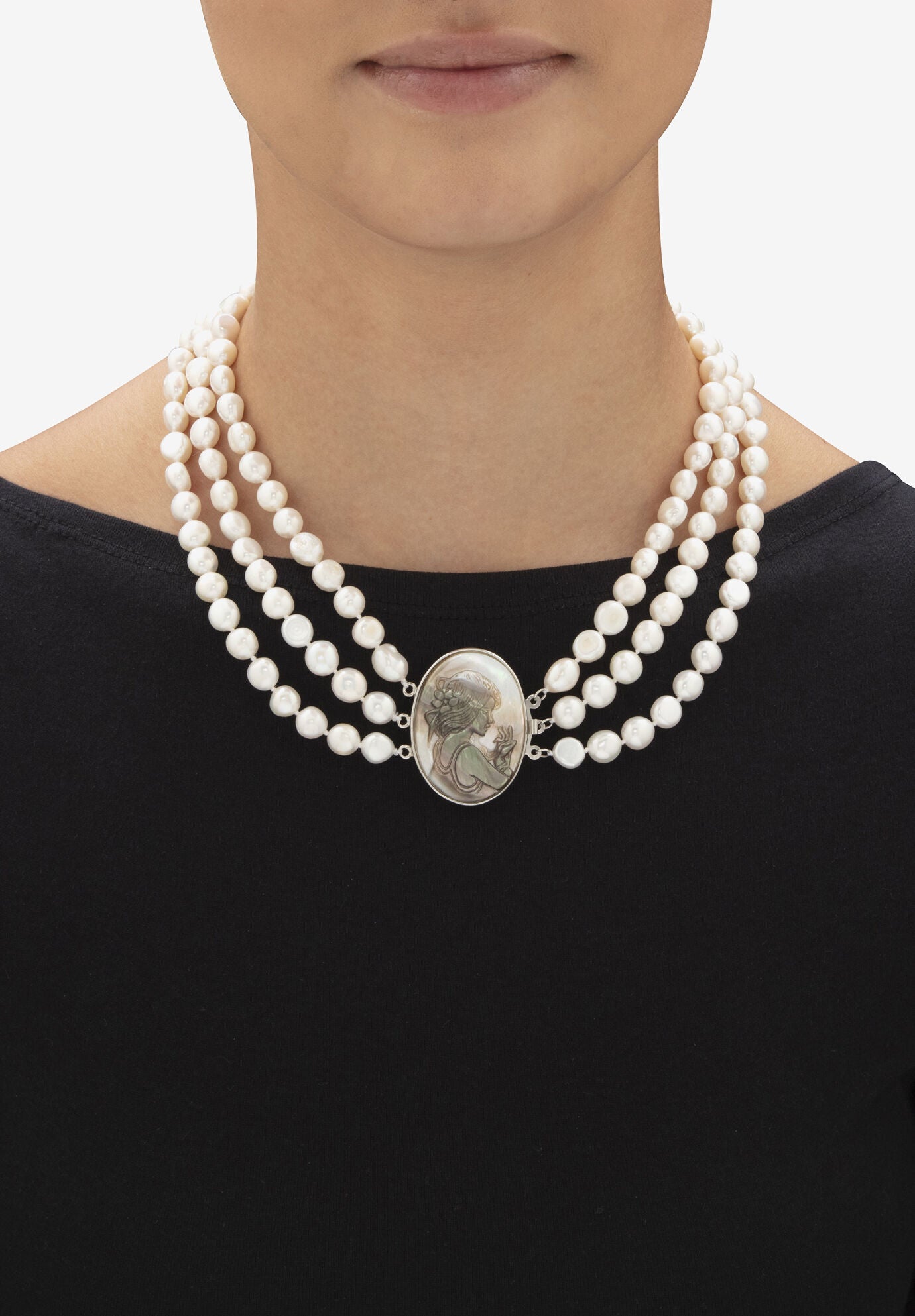 Genuine Freshwater Pearl Black Mother-Of-Pearl Cameo Necklace Silvertone 18 inches, , alternate image number 2