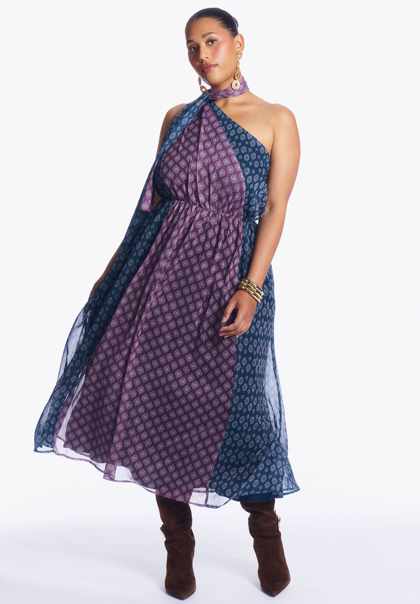 One-Shoulder Chiffon Maxi Dress With Neck Tie