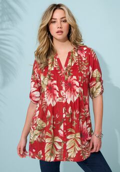 Plus Size Floral Y-Neck Pintuck Tunic – Adjustable Long Sleeve Button-Front, Relaxed Shirt Style