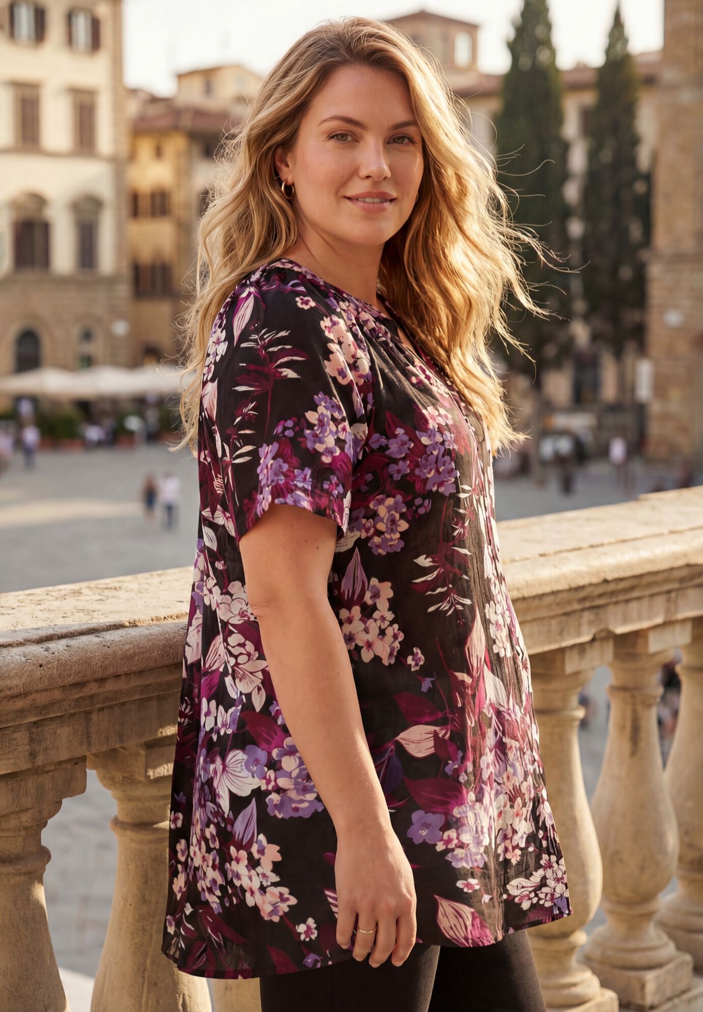 Plus Size Angelina Crinkle Crepe Y-Neck Short Sleeve Tunic, BLACK BERRY GARDEN, alternate image number 2