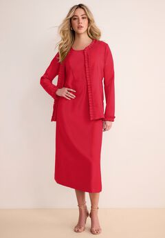 Plus Size Long Sleeve Pleated Jacket Dress Set – Elegant 2-Piece Sheath Suit