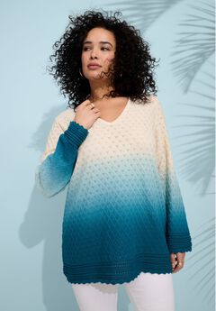 Plus Size Cotton Openwork Ombre V-Neck Pullover Sweater