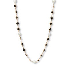 Black Crystal and Pearl Gold Ion-Plated Stainless Steel Long Necklace, 40 Inches