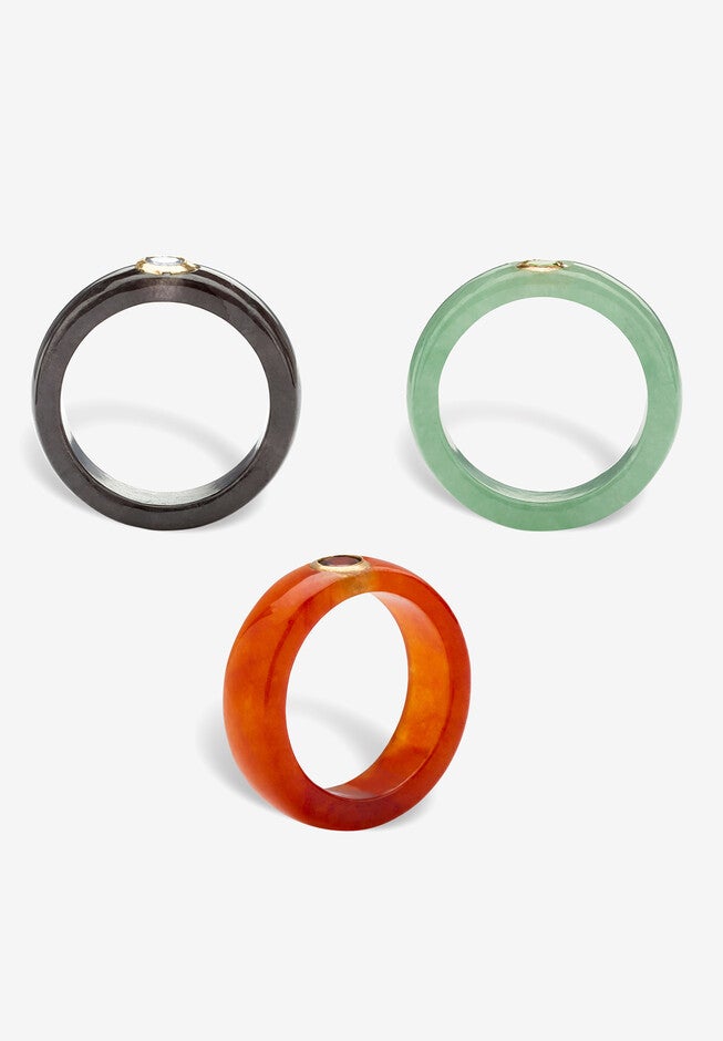 Genuine Jade And Peridot, Garnet And White Topaz Ring 3-Piece Set In 10K Gold, , on-hover image number 1