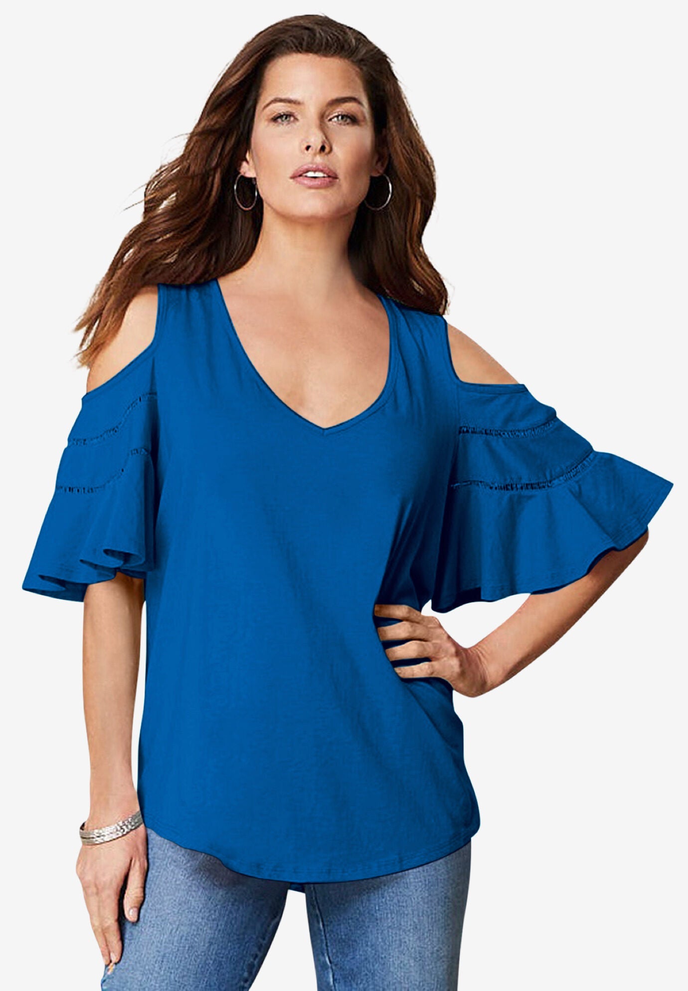 Fashionable Ruffle-Sleeve Top with Cold Shoulder Detail, Vivid Blue ...
