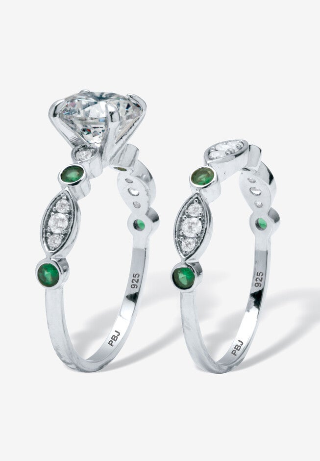 2.52 Tcw White And Green Cubic Zirconia Platinum-Plated Silver Bridal Ring Set, , on-hover image number 1
