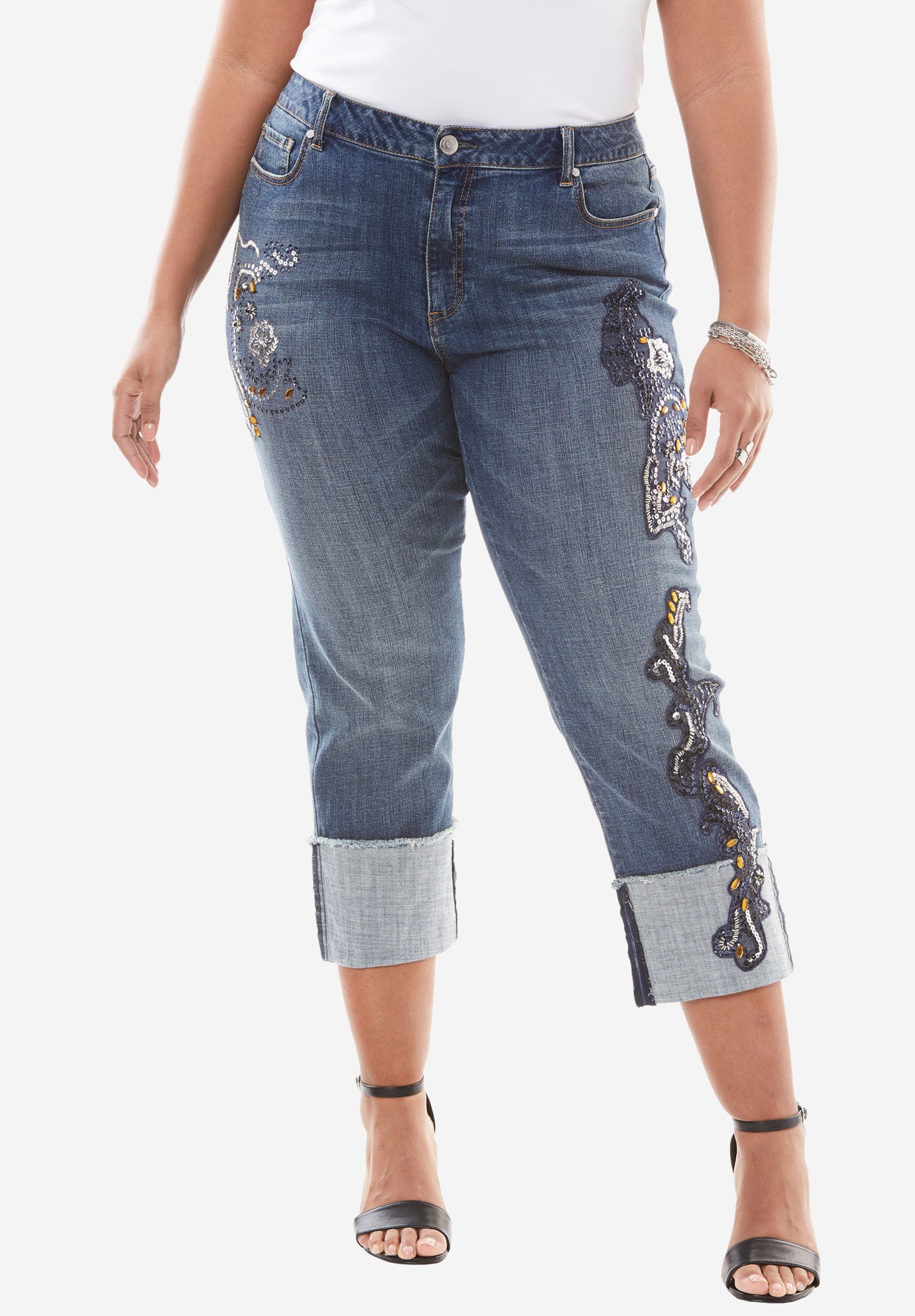 Sequin Cuffed Jean by Denim 24/7&reg;, INDIGO WASH, hi-res image number 0