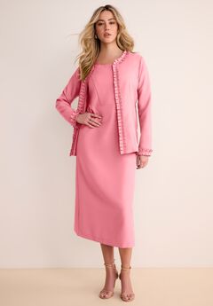 Plus Size Long Sleeve Pleated Jacket Dress Set – Elegant 2-Piece Sheath Suit