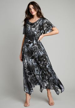 Plus Size Floral Sequin Flutter-Sleeve Gown – Handkerchief-Hem Maxi Dress