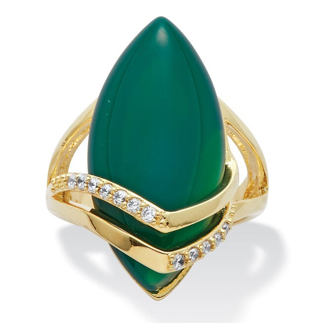 .16 TCW Genuine Green Agate and Cubic Zirconia Yellow Gold-Plated Marquise Ring, GREEN, hi-res image number null