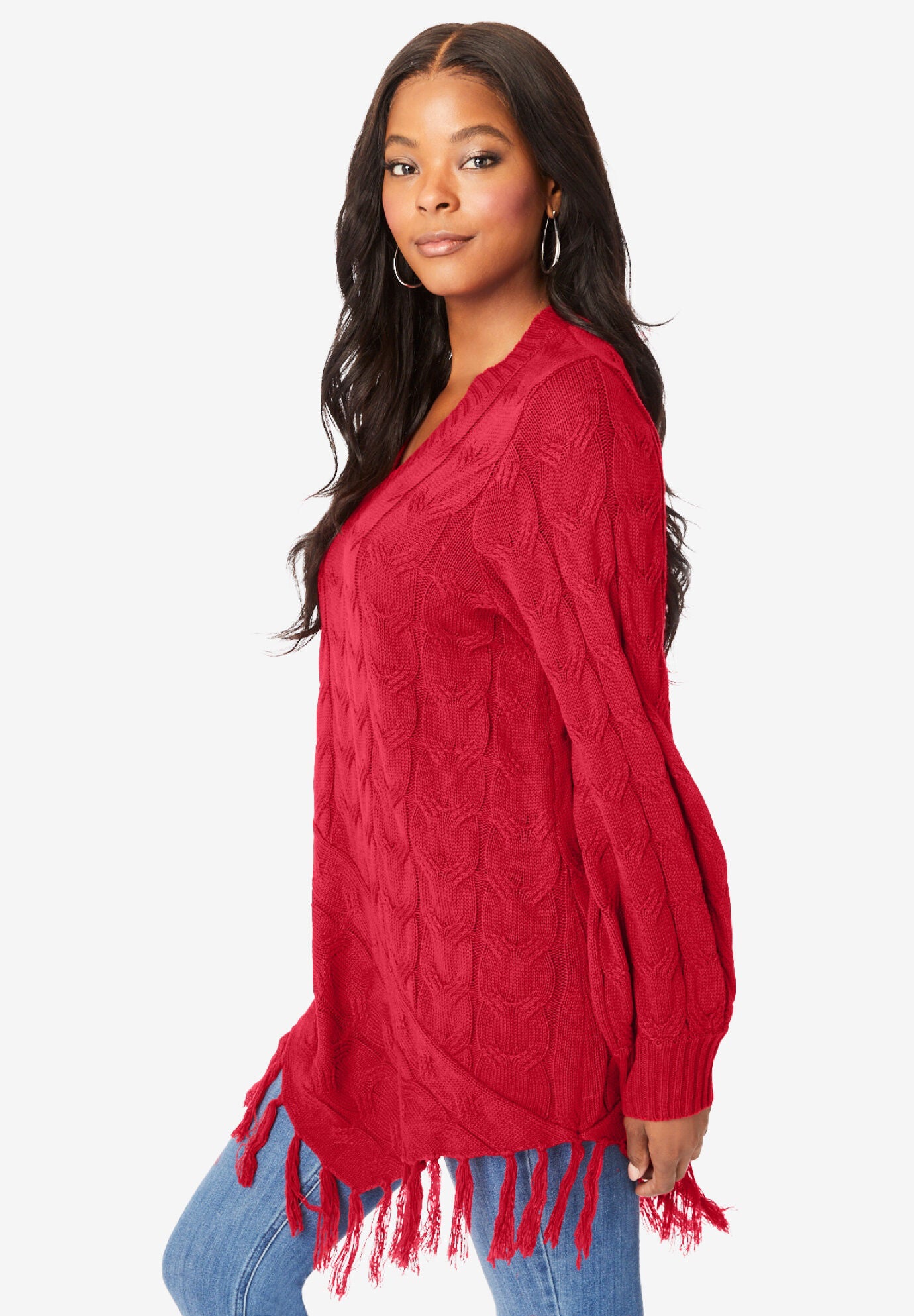 Fringed Cable Knit Sweater, , alternate image number 2