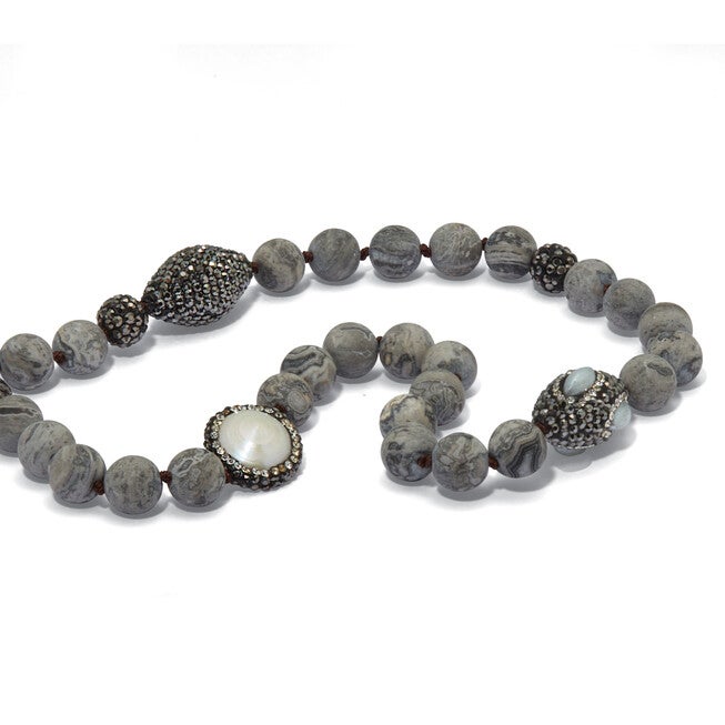 Round Genuine Pearl and Jasper Silvertone Beaded Necklace 34-inch, WHITE, on-hover image number 1